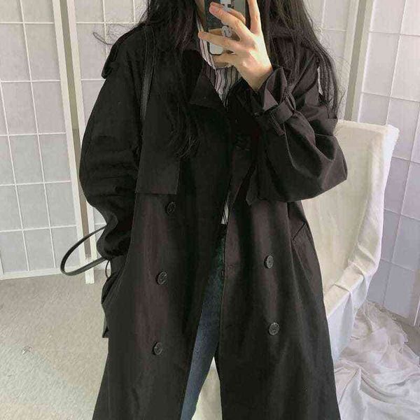 

women's trench coats long coat chic vintage brown casual women lapel double breasted sashes loose ladies t220811, Tan;black