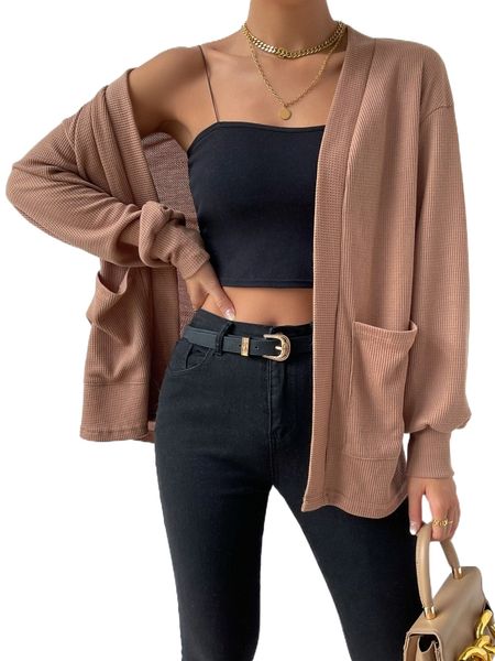 

dual pocket drop shoulder open front coat c30q#, Black