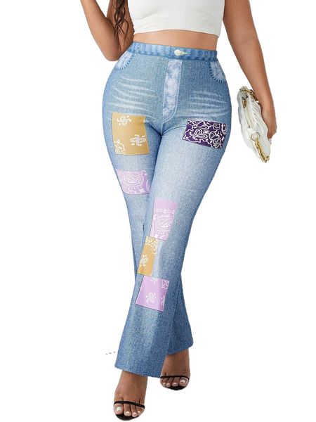 

plus paisley print flare leg pants 13ur#, Black