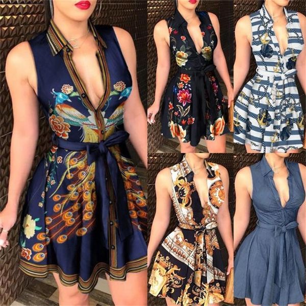 2022 Designer Sexy Damen Kausalkleider V-Ausschnitt Bandage Fashion Print Kleid Einteiliger Rock Großhandel