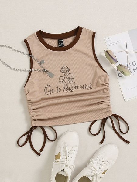 

mushroom & slogan graphic contrast trim drawstring tank m6zd#, White