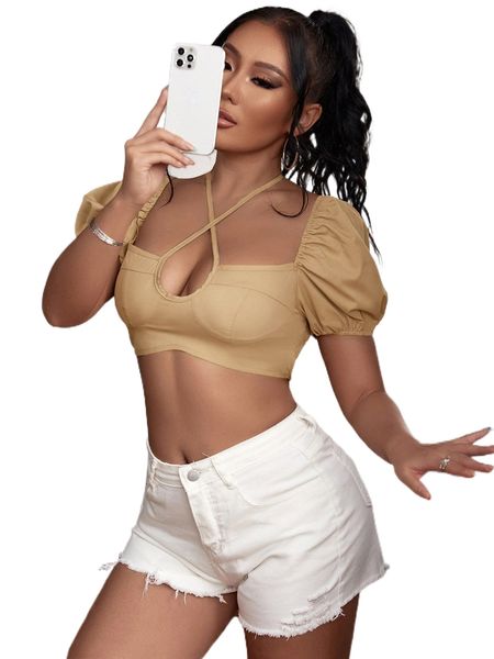 

sxy cut out criss cross halter puff sleeve shirred crop u0y8#, White