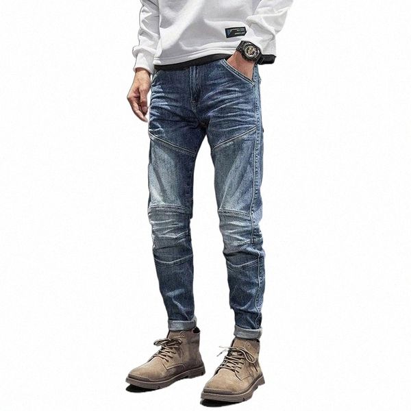 

men's jeans ly vintage fashion men retro blue elastic slim fit spliced designer biker hip hop denim pants 0615#