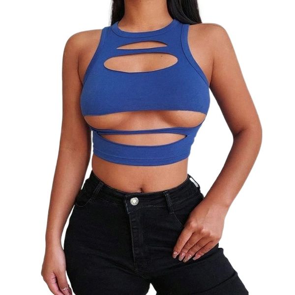 

2022 europe and the united states ins women's street girl dress hole burning sleeveless crew neck slim vest t-shirt women's summer, White