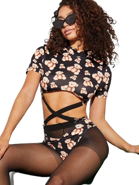 

1pc bear print cut out crisscross mock neck bodysuit a7pl#, White