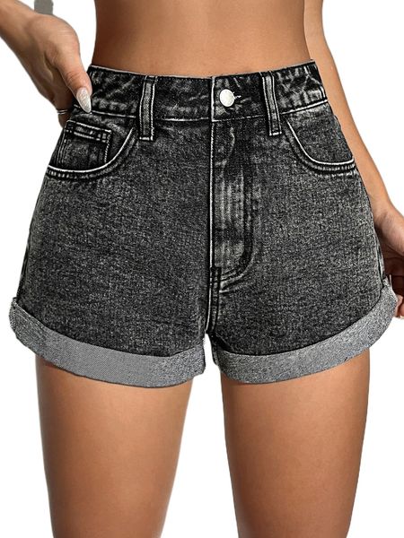 

high waist single button roll hem denim shorts j6ak#, White;black
