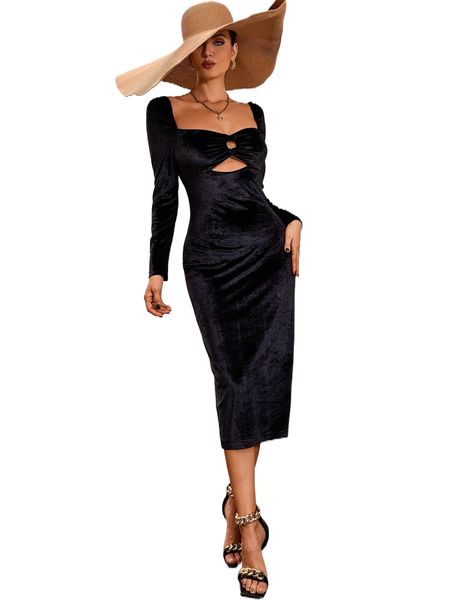 

o-ring cut out sweetheart neck velvet bodycon dress 08ku#, Black;gray