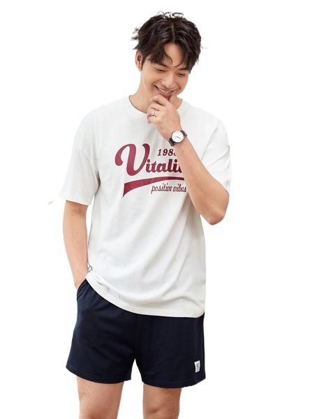 

men letter graphic tee & drawstring waist shorts u64s#, Gray