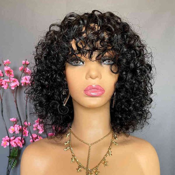 Uma peruca de cabelo humano com franja onda de água sem gluia Máquina cheia fez perucas de bob fringe profunda para mulheres Virgin Brasilian Pixie Cut 220606
