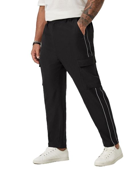 

extended sizes men contrast piping flap pocket side cargo pants p1iv#, Black