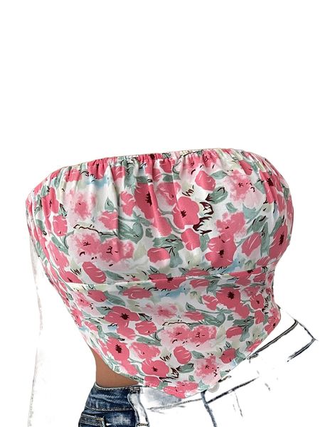 

floral print shirred back tube h7kd#, White