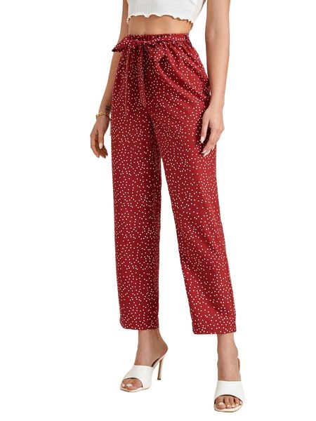 

high waist polka dot print belted pants s3vg#, Black;white