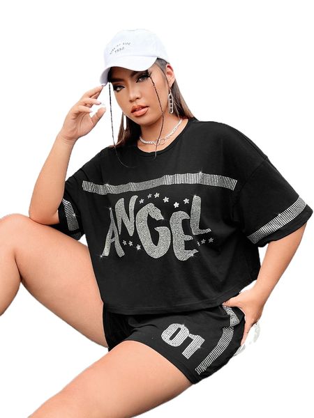 

plus letter graphic rhinestone beaded tee & shorts set 83tz#, Black