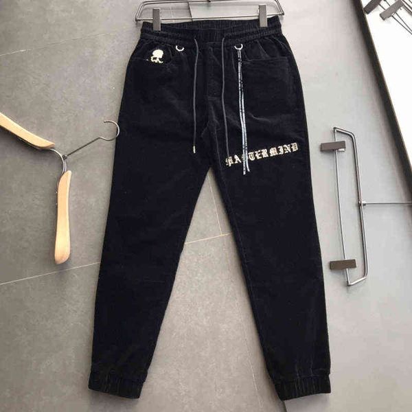 

heartschrome haertschorme embroidery chao mmj skull sanskrit heavy craft cool corduroy leisure sports pants men's elastic, Black