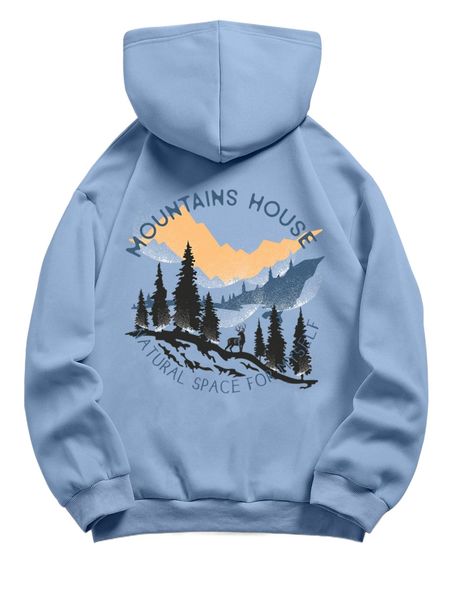 

tree & letter graphic drawstring thermal lined hoodie f2sn#, Black