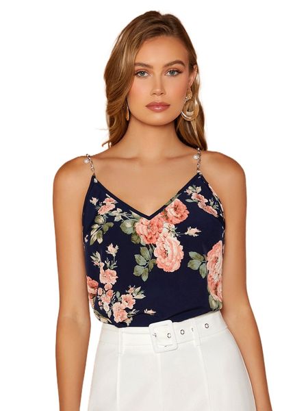 

floral print pearl beaded chain strappy cami 06nz#, White