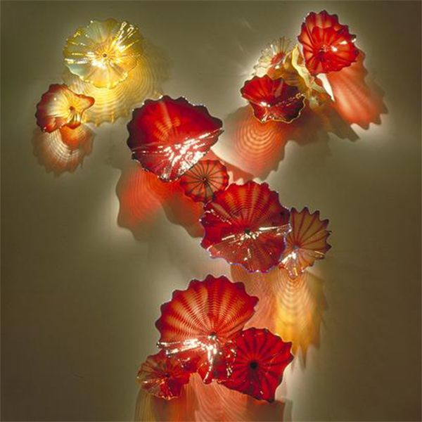 Luxuriöse abstrakte Wandlampe, rot, bernsteinfarben, mundgeblasene Murano-Glasplatten für Wandbehang, Wohnzimmer, Kunstdekoration