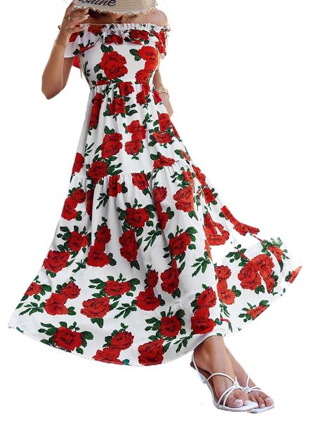 

floral print off shoulder ruffle trim dress n3ns#, Black;gray