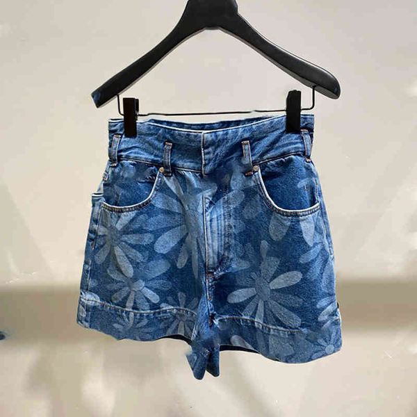 

women's jeans niche spring summer daisy print straight tube high waist wide legs thin denim shorts pants children's trend, Blue