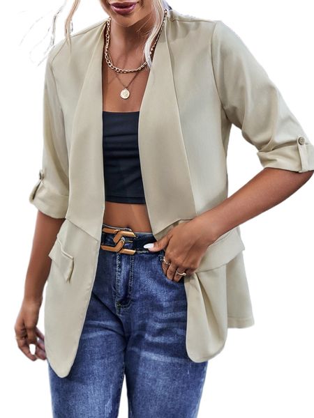 

waterfall collar roll tab sleeve blazer 311r#, White