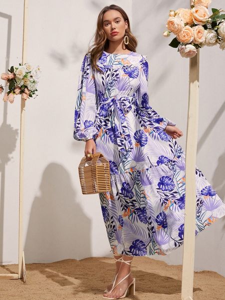 

lantern sleeve frill trim self belted tropical print dress 41tt#, Black;gray