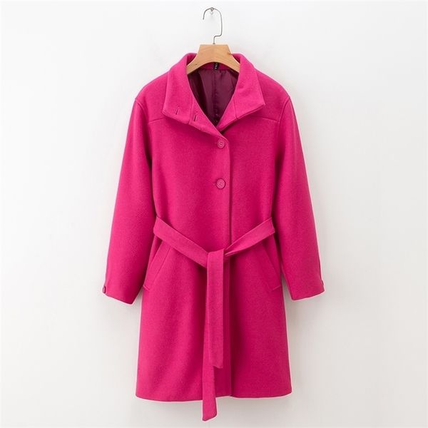 

autumn women outwear new fashion rose pink color full sleeve sashes modern lady woolen coat lj201110, Black