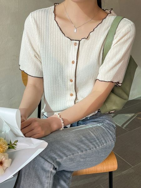 

dazy button front lettuce trim blouse v59p#, White