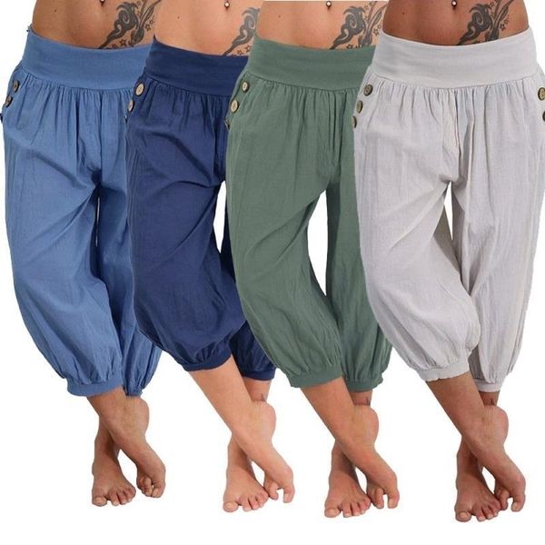 

plus size 5xl women summer solid harem loose knee length trousers female elastic waist s pants summer korean style y200114, Black;white