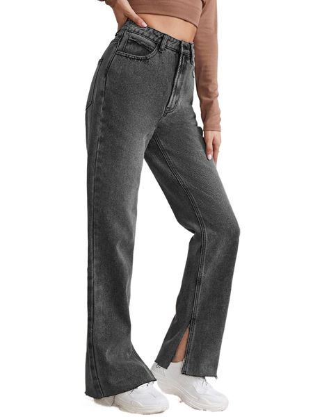 

high waist slit hem jeans x2m2#, Blue