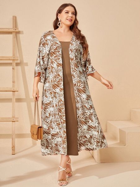 

plus solid cami dress & tropical print batwing sleeve coat n2kk#, Black