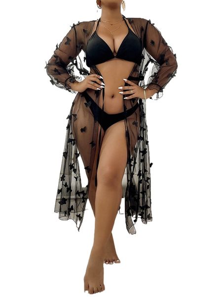 

plus butterfly appliques sheer mesh kimono j0gv#, Black;gray