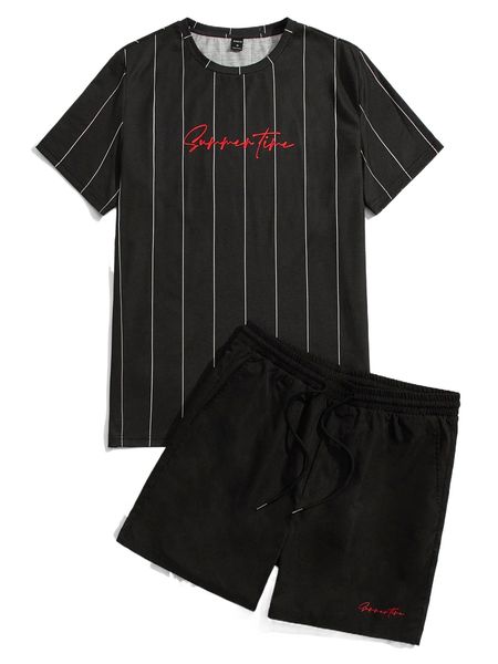 

men striped & letter graphic tee & drawstring waist shorts i7ku#, Gray