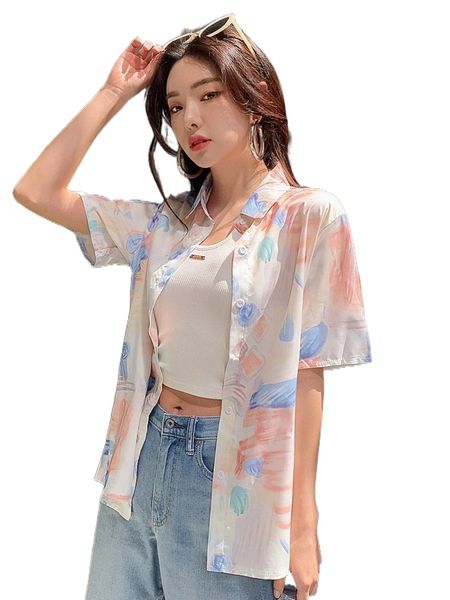 

dazy graphic print button front shirt d234#, White
