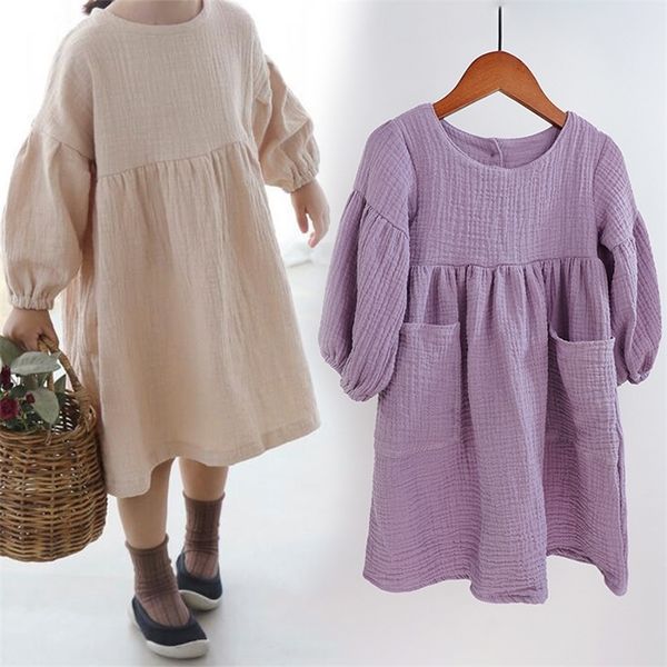

autumn spring childrens clothes organic cotton double gauze loose pockets baby girls dress fashion princess casual kids dresses 220707, Red;yellow
