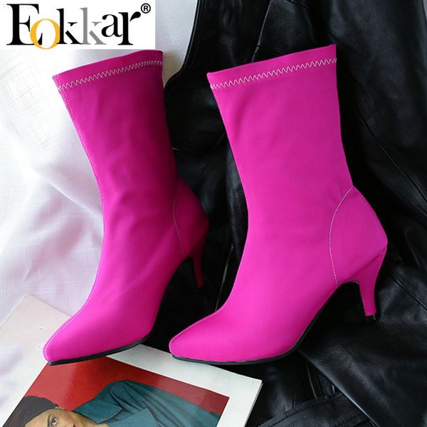 EOKKAR Hot Pink Kitten Heel Stretch Stiefeletten für Frauen Spitze Zehen Elastische Booties Königsblau Frauen Schuhe Niedrigen Absatz BootsT220718