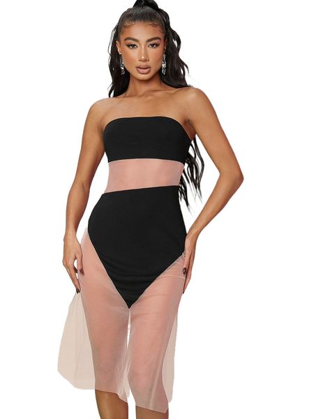 

colorblock mesh insert slit hem tube dress v5kr#, Black;gray
