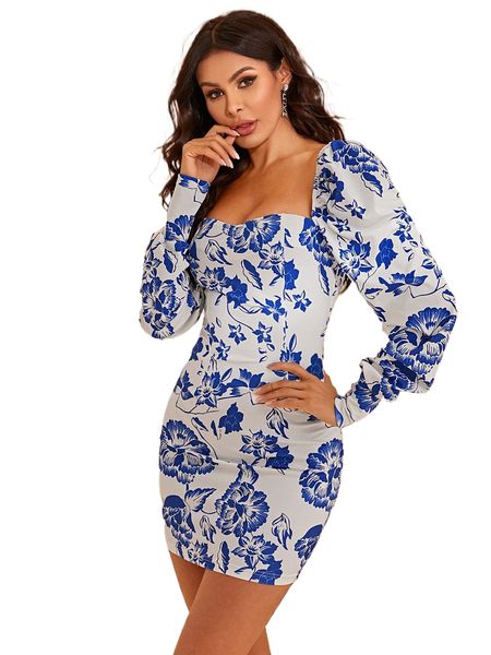 

sweetheart neck gigot sleeve floral print bodycon dress v7qn#, Black;gray