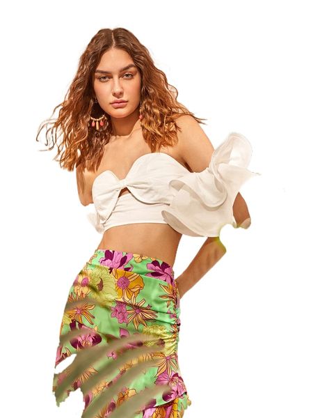 

off shoulder cut-out exaggerated ruffle crop d9j0#, White