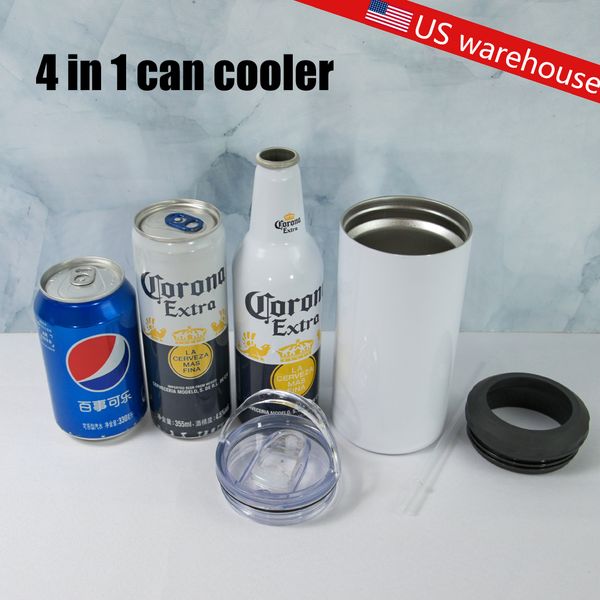 US-Lager 16oz 4-in-1-Sublimationsbecher, leere Dosen, Kühldosen, gerader Koozie-Becher aus weißem Edelstahl, 2 Deckel, Kaffeetasse, Wasserflasche