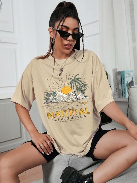 

tropical & letter graphic t-shirt j544#, White