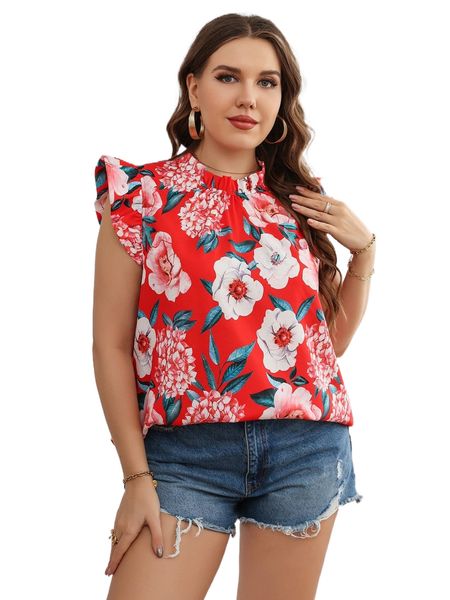 

plus floral print frill neck ruffle trim blouse h4m1#, Black
