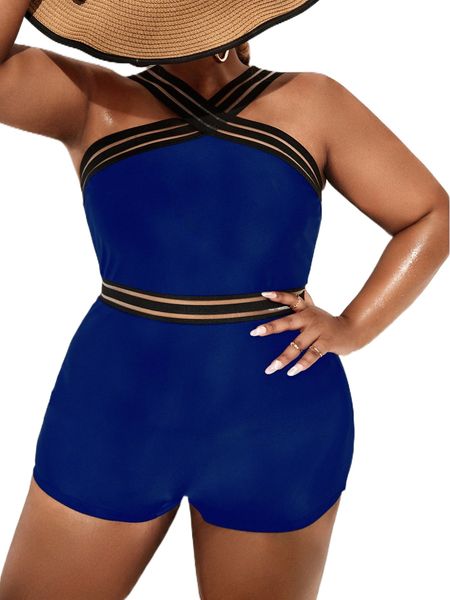 

plus contrast mesh cross one piece swimsuit a142#, White;black
