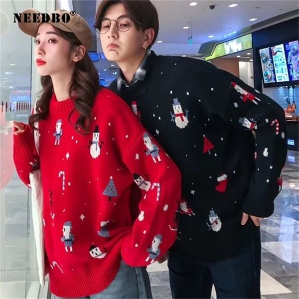 

christmas knit sweater women man oversize pullover navidad couple women sweater autumn winter patchwork sweater jacket 201221, White;black