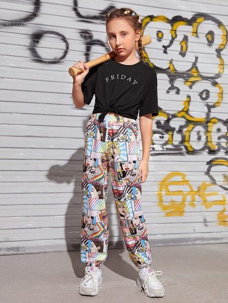 

girls letter graphic knot hem tee and pop art print pants set she, White