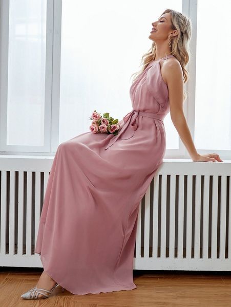 

solid self tie maxi dress y380#, Black;gray