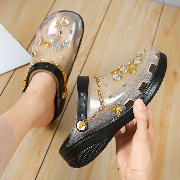 

slippers summer women clogs thick bottom chain rhinestone slides girl transparent jelly sandals beach flip flop hole garden shoe 220708, Black