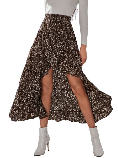 

tall allover print high low ruffle hem skirt 49d9#, Black