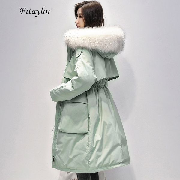 

large natural fur collar long coat women winter 90% white duck down parka female zipper sash tie up down jacket outwear y201026, Black