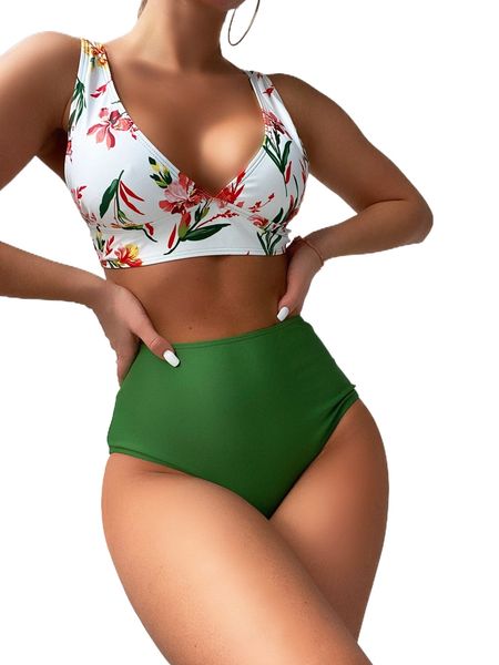 

floral print high waisted bikini swimsuit u4fp#, White;black