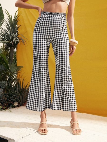 

gingham frilled waist slit hem flare leg pants y61s#, Black;white